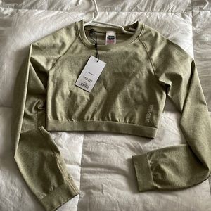 Gym shark adapt marl seamless ls crop top- moss grey - medium